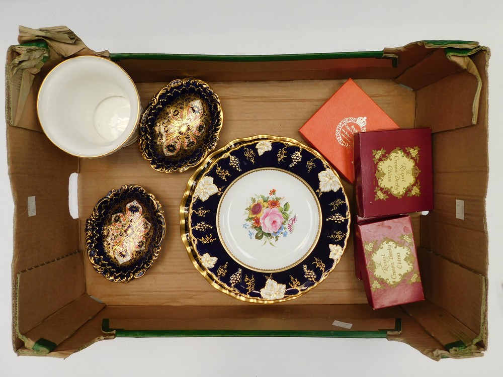 A collection of Royal Crown Derby to include a pair of cobolt blue 1128 imari bonbon dishes, posie - Image 2 of 2