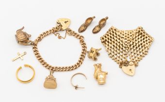 A collection of gold items to include 9ct gold gate bracelet, charm bracelet, champagne bucket