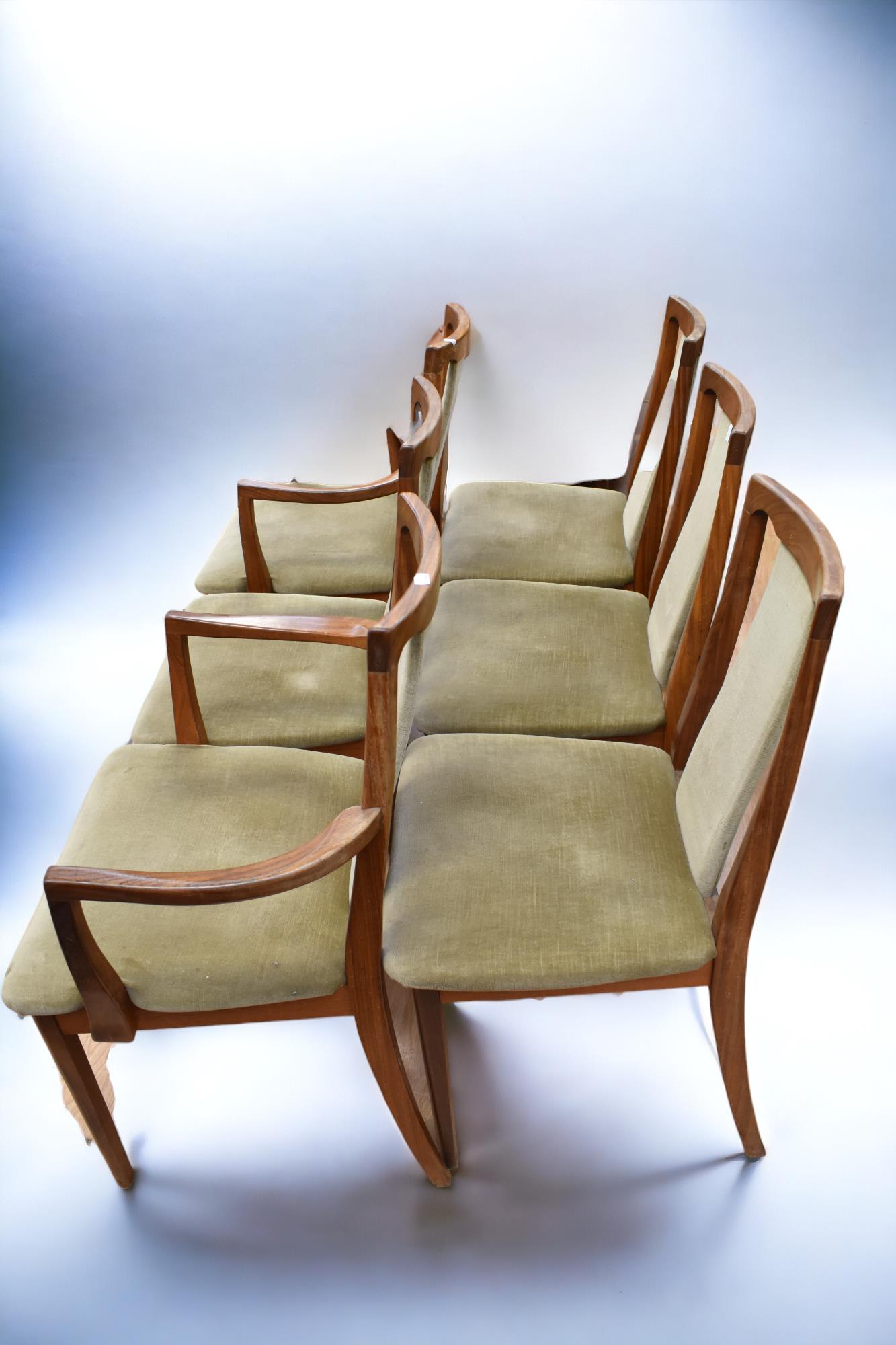 Set of six chairs to include two carvers, 1960s G plan dining chairs with green velvet seats and - Image 4 of 5