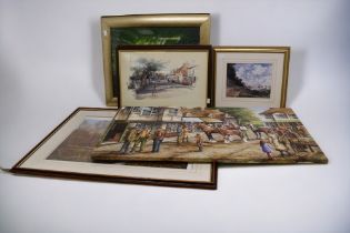 A collection of prints with a late 20th Century unframed oil on canvas by C D Howells