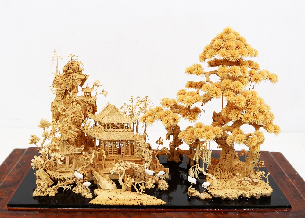 A 20th century Eastern cork diorama with Pagoda, figural and scenery design, within a glazed case - Image 2 of 3