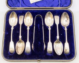 A cased set of late Victorian silver fiddle patterned teaspoons and sugar tongs, all initialled to