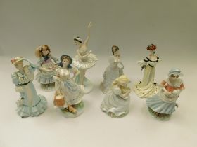 Two Royal Worcester figures, The Milkmaid, The Shepherdess along with six Coalport lady figures to