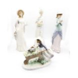 Lladro: three tall figures depicting ladies, one wearing hat and dress, one reading and the other