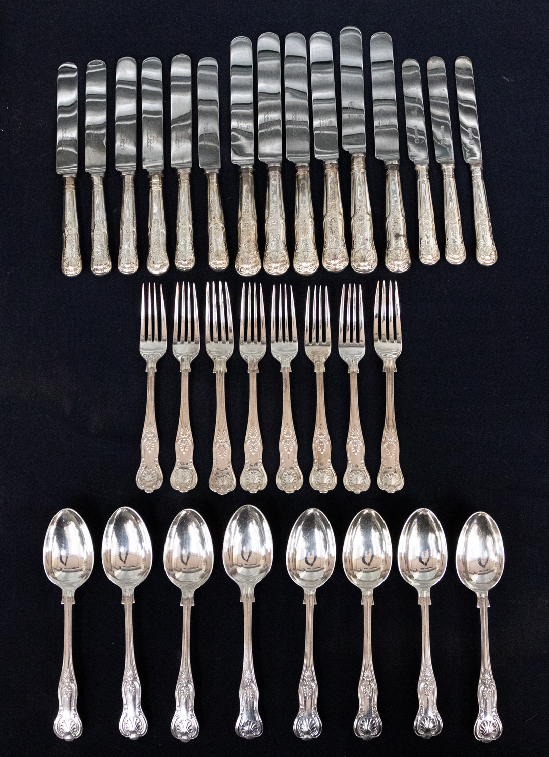 A matching Kings pattern silver plated eight place setting cutlery set consisting of various