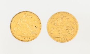 Victorian half sovereign dated 1893, along with Edward VII half sovereign dated 1902