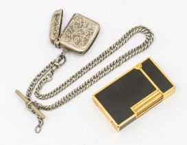 Dupont- a French gold-plated black lacquered lighter by Dupont along with a silver vesta case