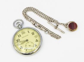 Jaeger-LeCoultre - a military chrome plated pocket watch, signed dial with Arabic number markers,