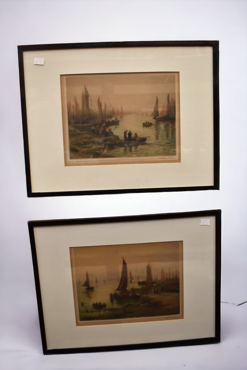 Three early 20th Century frame hand tinted etchings of boating scenes, signed bottom right E.H. - Bild 2 aus 2