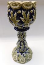 A late 19th Century jardiniere stand and planter, blue ground with floral detail , chip to foot of