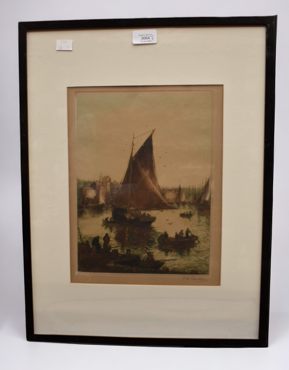 Three early 20th Century frame hand tinted etchings of boating scenes, signed bottom right E.H.