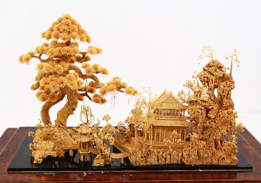 A 20th century Eastern cork diorama with Pagoda, figural and scenery design, within a glazed case - Image 3 of 3