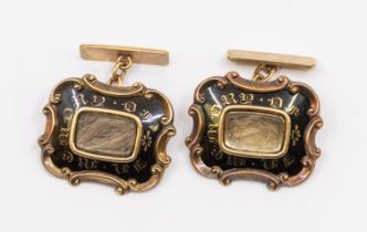 A pair of 19th century yellow metal enamel cufflinks, converted brooches, comprising a central