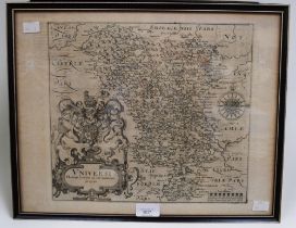 An early 17th Century map of Derbyshire C1607 Camdens Britannia framed,, written in latin.