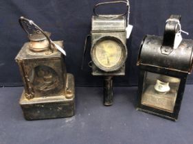 3 railway lamps including an LMS example with ceramic Sherwoods Limited burner