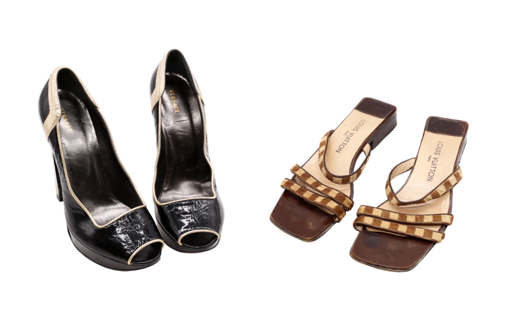 Two pairs of vintage and early 21st Century shoes and sandals, Versace black patent wedge peep