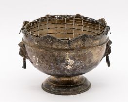 A George V silver small rose bowl with mesh cover, on circular footed base, lion masked edging and
