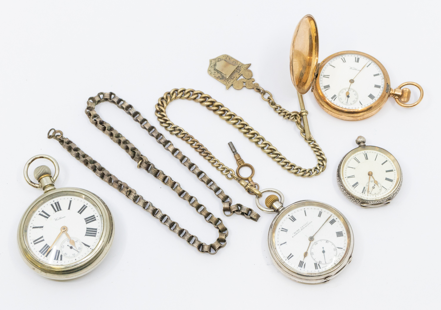 A collection of  pocket watches to include an open faced white metal cased Waltham with white dial