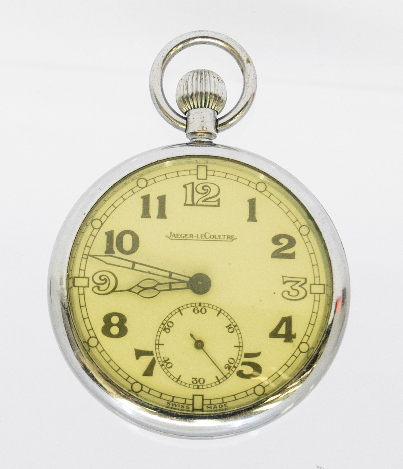 Jaeger-LeCoultre - a military chrome plated pocket watch, signed dial with Arabic number markers, - Image 3 of 3