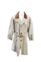 A mens shower proof raincoat by John Partridge of Jape's, brown suede collar and cuffs, navy blue