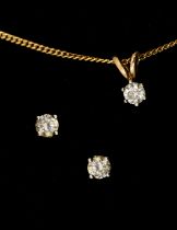 A diamond and 9ct gold pendant and earrings, the pendant comprising a round brilliant cut diamond