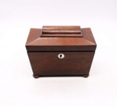 An early Victorian rosewood mahogany sarcophagus two compartment tea caddy on bun feet.