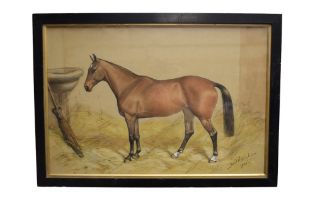 Basil Nightingale - a signed watercolour and pencil of a chestnut horse in stable, dated 1930