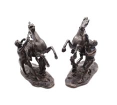 After Guillaume Coustou the Elder - a pair of patinated bronze Marly horses, bearing his signature