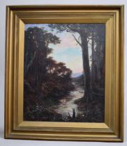 A late 19th century oil on canvas painting of a woodland scene, appears to be unsigned.