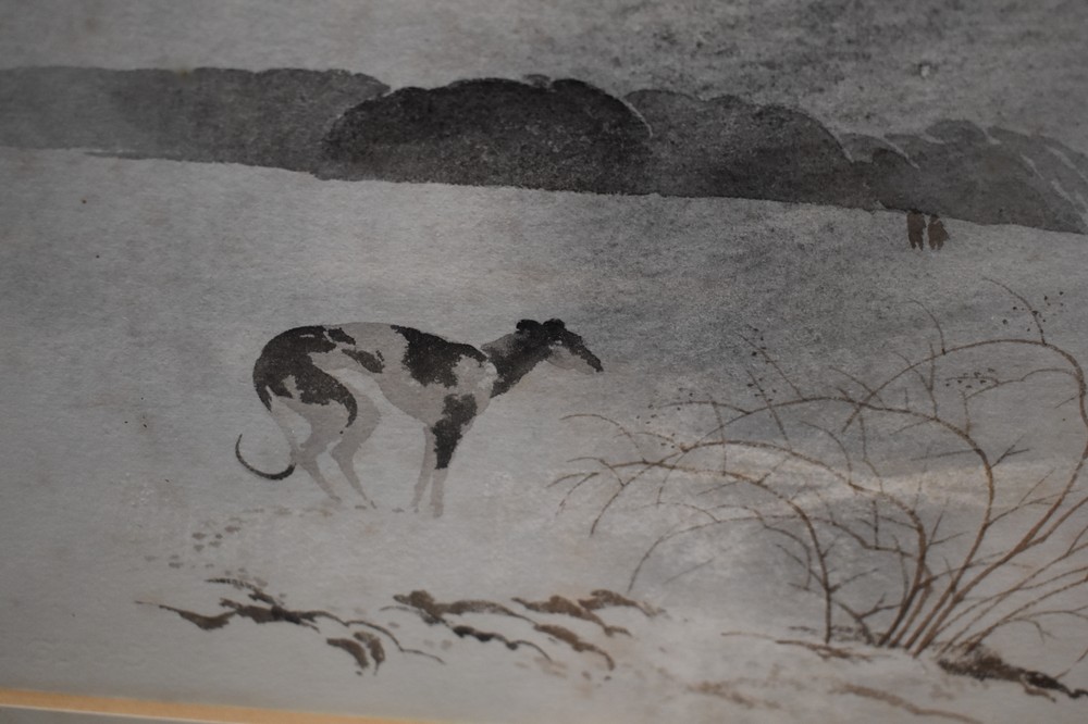 Leslie Worth RSW - a framed signed watercolour of a greyhound in a snowy scene. - Image 2 of 3