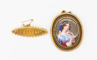 A 19th century yellow metal mounted portrait brooch, size approx 40x46mm, (some scratches to