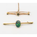 Two gold brooches including a 15ct gold opal set bar brooch, oval opal approx 9 x 14mm, (small