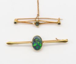 Two gold brooches including a 15ct gold opal set bar brooch, oval opal approx 9 x 14mm, (small