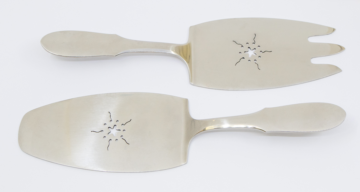 Two boxed sets of vintage Georg Jensen stainless steel salad and cake servers, circa 1950s, in - Image 2 of 5