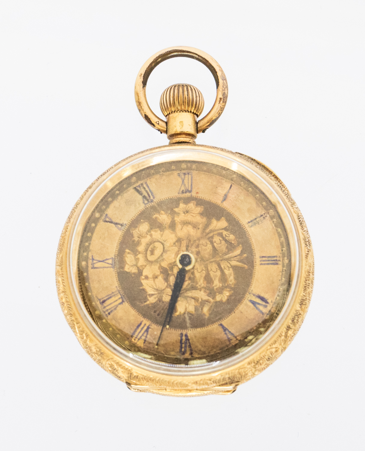 A ladies Victorian 18ct gold open faced pocket watch, gilt dial with Roman numeral markers,