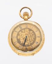 A ladies Victorian 18ct gold open faced pocket watch, gilt dial with Roman numeral markers,