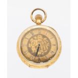 A ladies Victorian 18ct gold open faced pocket watch, gilt dial with Roman numeral markers,