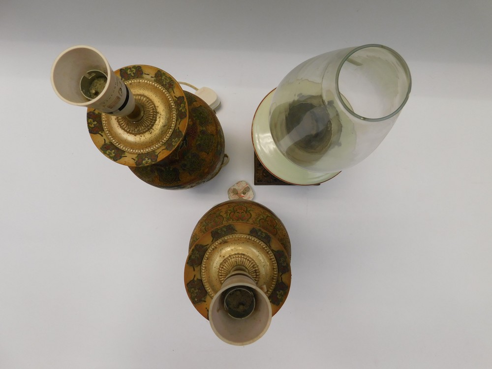 A pair of Japanese satsuma vases converted to lamps along with a late Victorian paraffin lamp with - Image 2 of 3