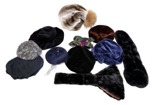 A collection of hats to include: a Lapin hat in greys and fawn with a large ginger fur bobble and