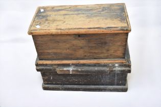 Two pine work boxes, one 19th Century, other 20th Century along with a vintage metal lawn mower.