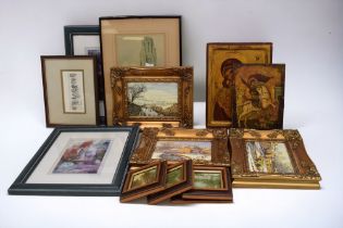 A collection of mostly prints including icons (modern) and other framed pictures.