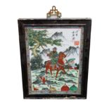 Early 20th Century porcelain Japanese wall plaque depicting Japanese warrior on horse back, signed