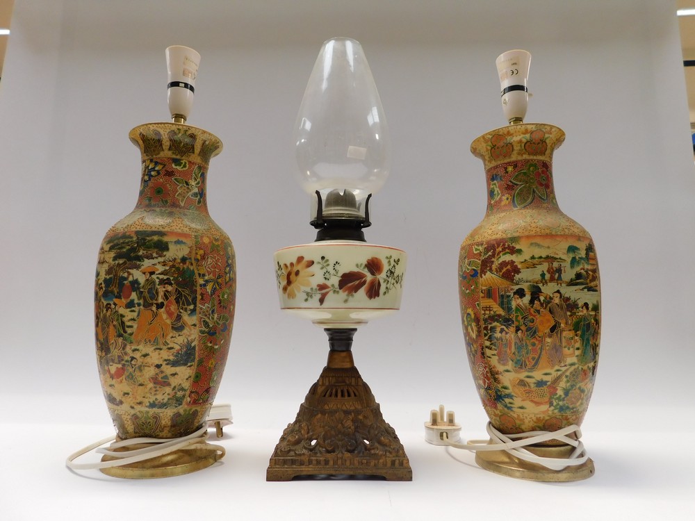 A pair of Japanese satsuma vases converted to lamps along with a late Victorian paraffin lamp with - Image 3 of 3