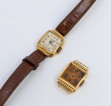 Two early 20th century ladies 18ct gold Fleur wristwatch on a leather strap, winds and ticks,