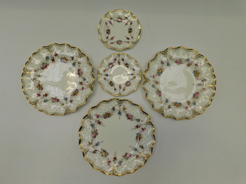Royal Crown Derby: Three Royal Antoinette fluted edged dinner plates (one a second), and two smaller - Image 2 of 3