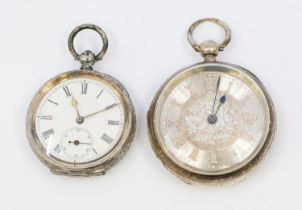 A Victorian silver cased open cased pocket watch, comprising a silvered dial with numeral indices,
