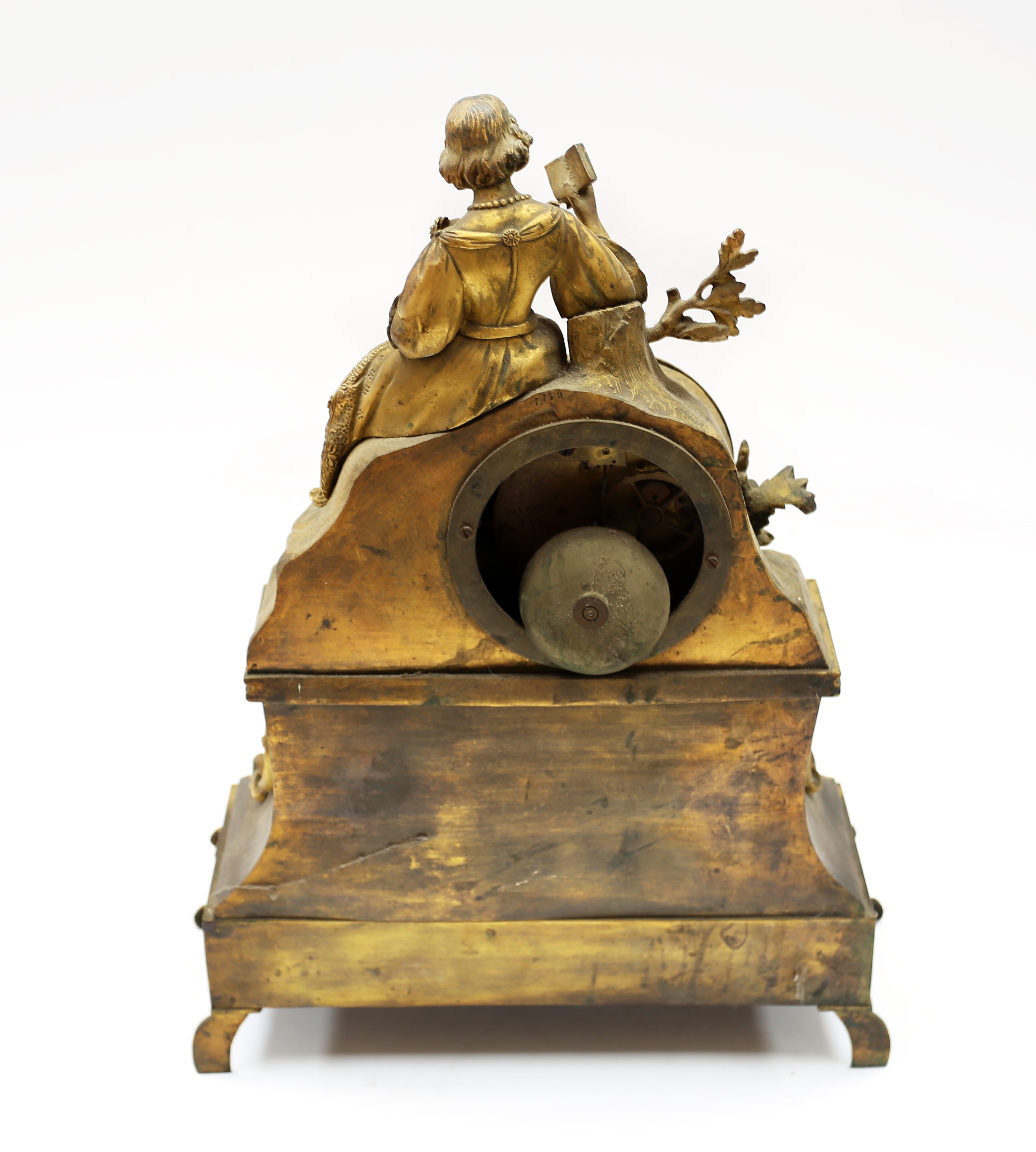 A 19th century French table clock, gilt brass with lady figural decoration to top next to circular - Image 3 of 4