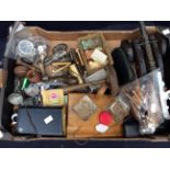 A mixed collectors lot containing desk canons, desk calendar, ink stand, metal wares, badges, pewter