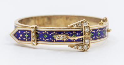 A diamond and enamel 14ct gold buckle bangle, comprising blue guilloche enamel ground overlaid