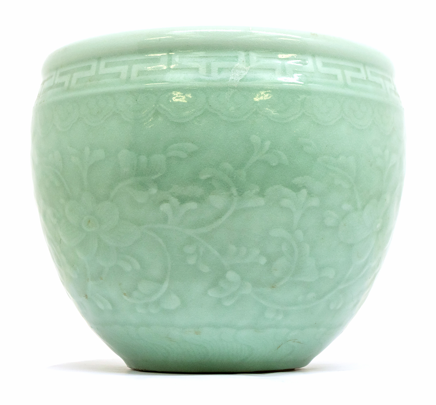 A Chinese Celedon ground jardinière bowl with lotus floral design, before Greek quay rim border. - Image 2 of 8